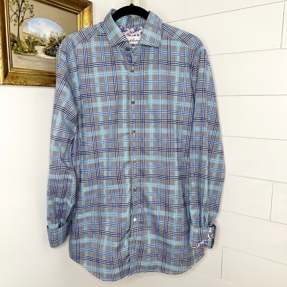 Robert Graham X Tailored Fit Long Sleeve Button Up Blue Aqua Plaid Size 42/Large